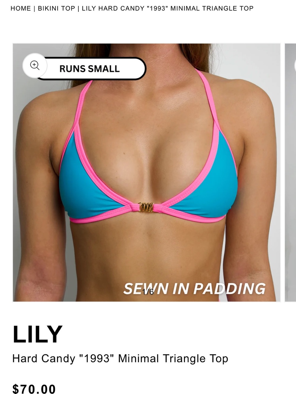 93 play street Hard Candy Two-Tone Triangle Bikini Top in Turquoise and Hot Pink